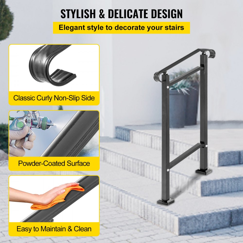 VEVOR Outdoor Stair Railing, Fit 1 or 2 Steps Wrought Iron Handrail, Adjustable Front Porch Hand Railings, Black Transitional Hand Rail for Concrete Steps or Wooden Stairs with Installation Kit
