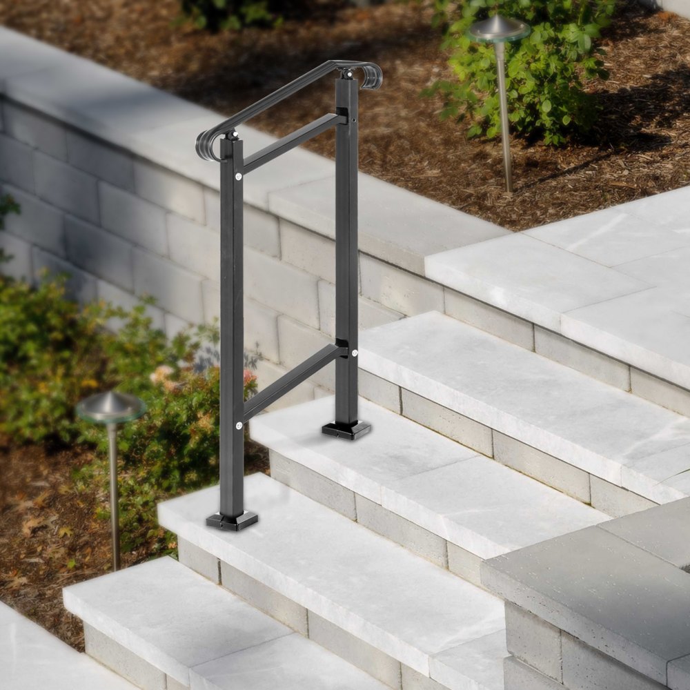 VEVOR Outdoor Stair Railing, Fit 1 or 2 Steps Wrought Iron Handrail, Adjustable Front Porch Hand Railings, Black Transitional Hand Rail for Concrete Steps or Wooden Stairs with Installation Kit
