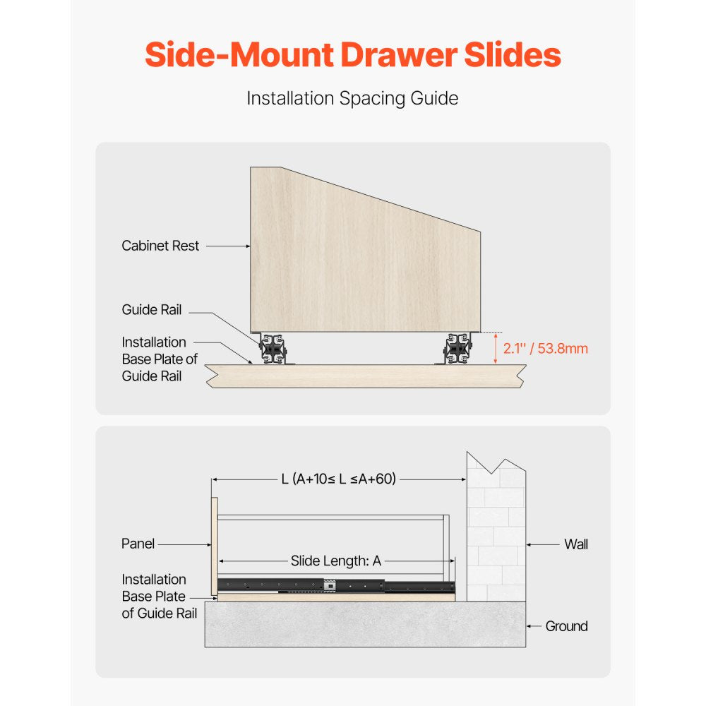 VEVOR Undermount Drawer Slides, 16 inch, Full Extension Ball Bearing Under Stair Cabinet Rails, 260 LB Load Capacity Heavy Duty Bottom Stair Cabinet Glides Track Runners,for DIY Replacement, Black