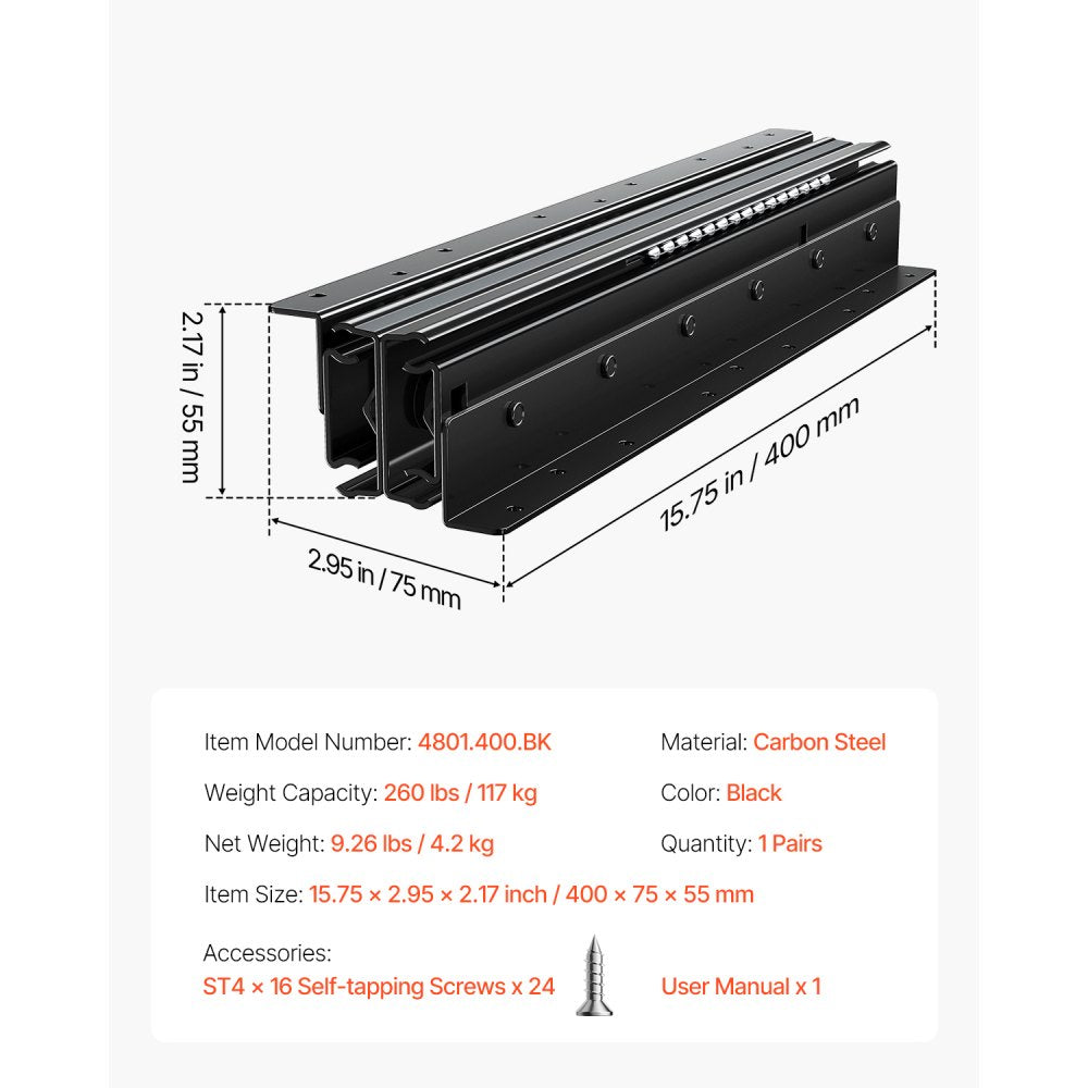 VEVOR Undermount Drawer Slides, 16 inch, Full Extension Ball Bearing Under Stair Cabinet Rails, 260 LB Load Capacity Heavy Duty Bottom Stair Cabinet Glides Track Runners,for DIY Replacement, Black