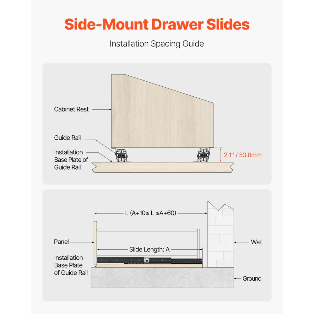VEVOR Undermount Drawer Slides, 24 inch, Full Extension Ball Bearing Under Stair Cabinet Rails, 260 LB Load Capacity Heavy Duty Bottom Stair Cabinet Glides Track Runners,for DIY Replacement, Black