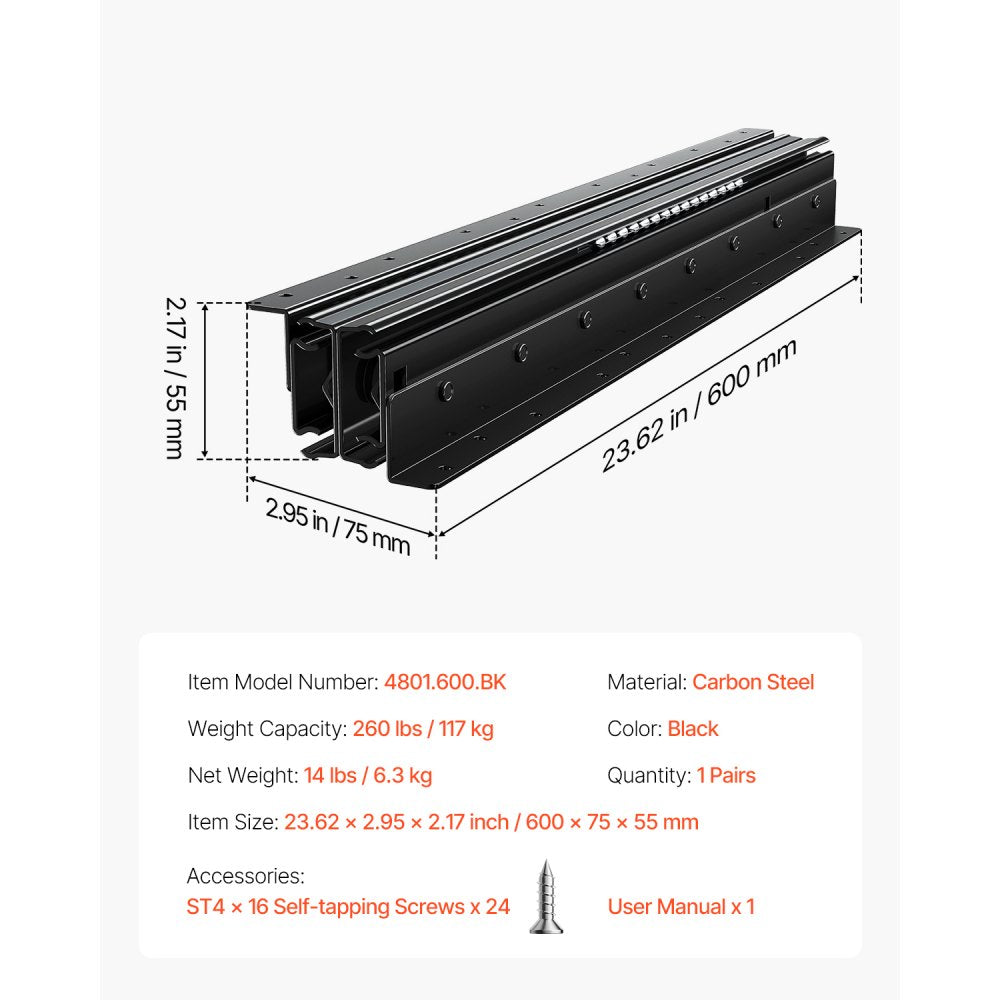 VEVOR Undermount Drawer Slides, 24 inch, Full Extension Ball Bearing Under Stair Cabinet Rails, 260 LB Load Capacity Heavy Duty Bottom Stair Cabinet Glides Track Runners,for DIY Replacement, Black
