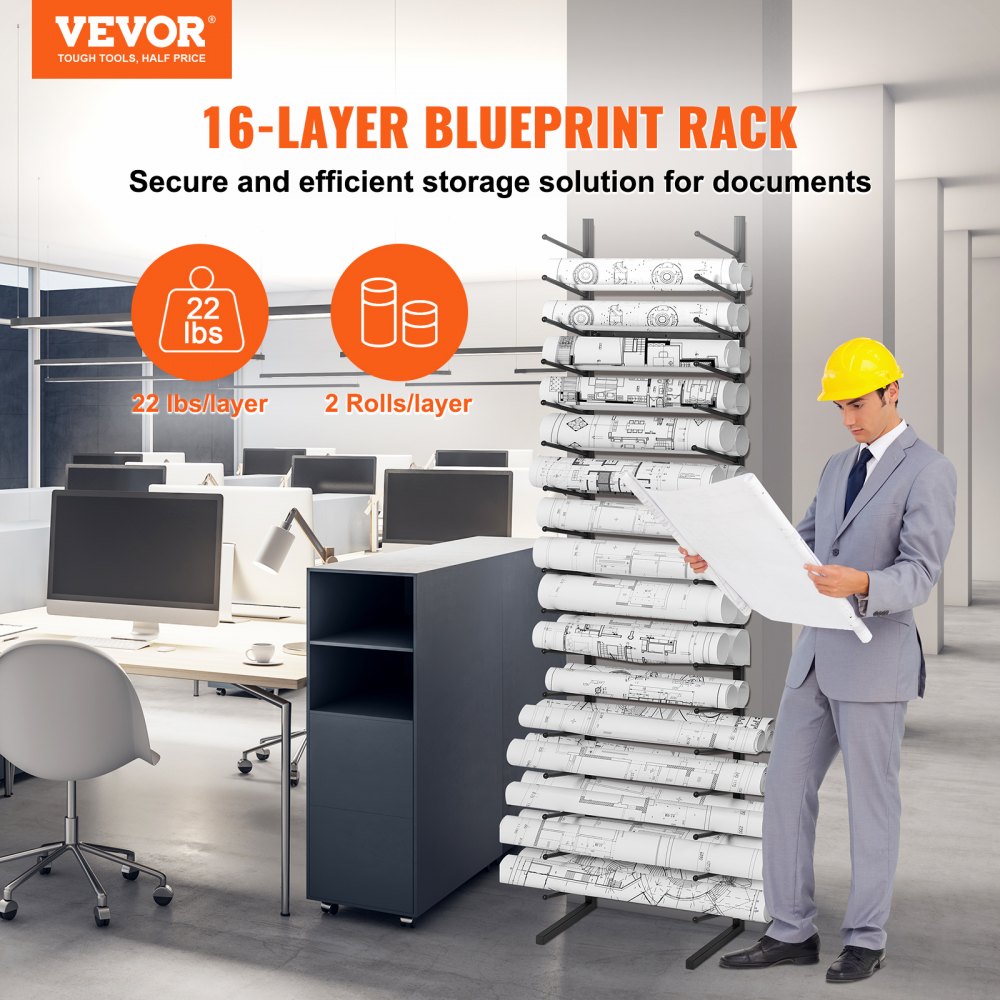 VEVOR Blueprint Storage Rack, Hanging Poster Display Rack 16-Tier, Vertical Blueprint Roll File Holder 2 Rolls/tire, Roll File Storage Rack for Blueprint Map Poster