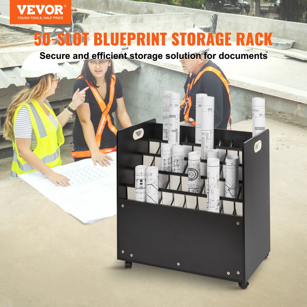 VEVOR Blueprint Storage Rack, 50 Slots Mobile Blueprint Storage Cabinet, Wooden Roll File Organizer Cart for Construction Plan Map Poster Architectural, Blueprint File Holder for Home, Office, School