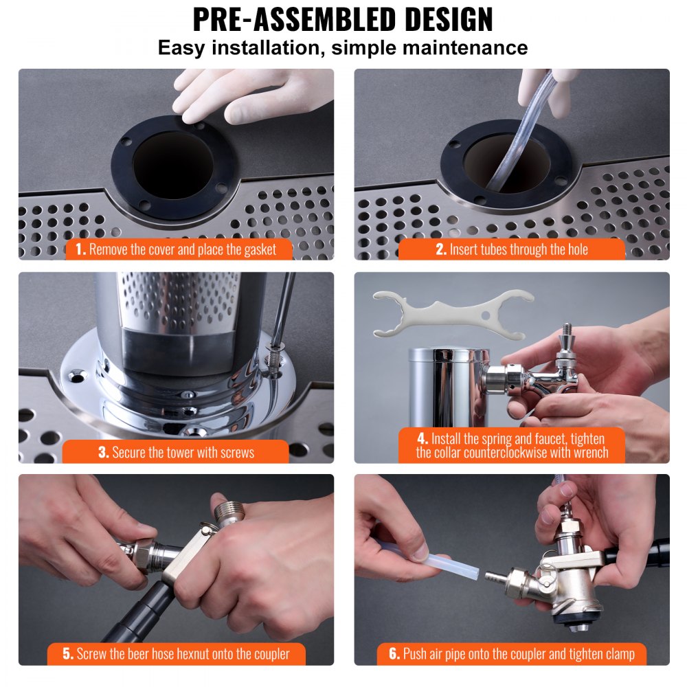 VEVOR Kegerator Tower Kit, Single Tap Beer Conversion Kit, Stainless Steel Keg Beer Tower Dispenser with Dual Gauge CGA320 Regulator & D-System Keg Coupler, Beer Drip Tray for Party Home