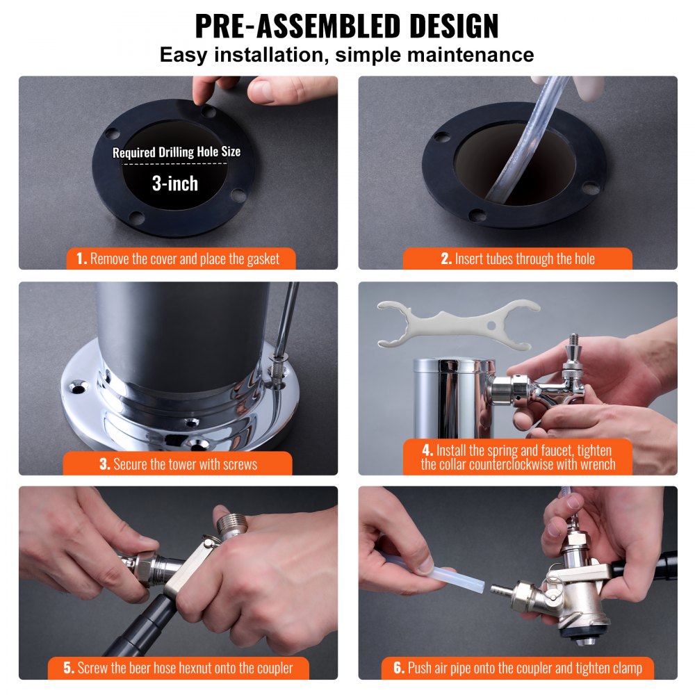 VEVOR Kegerator Tower Kit, Dual Taps Beer Conversion Kit, Stainless Steel Keg Beer Tower Dispenser with Dual Gauge CGA320 Regulator & D-System Keg Coupler, Self-Closing Spring for Party Bar Home