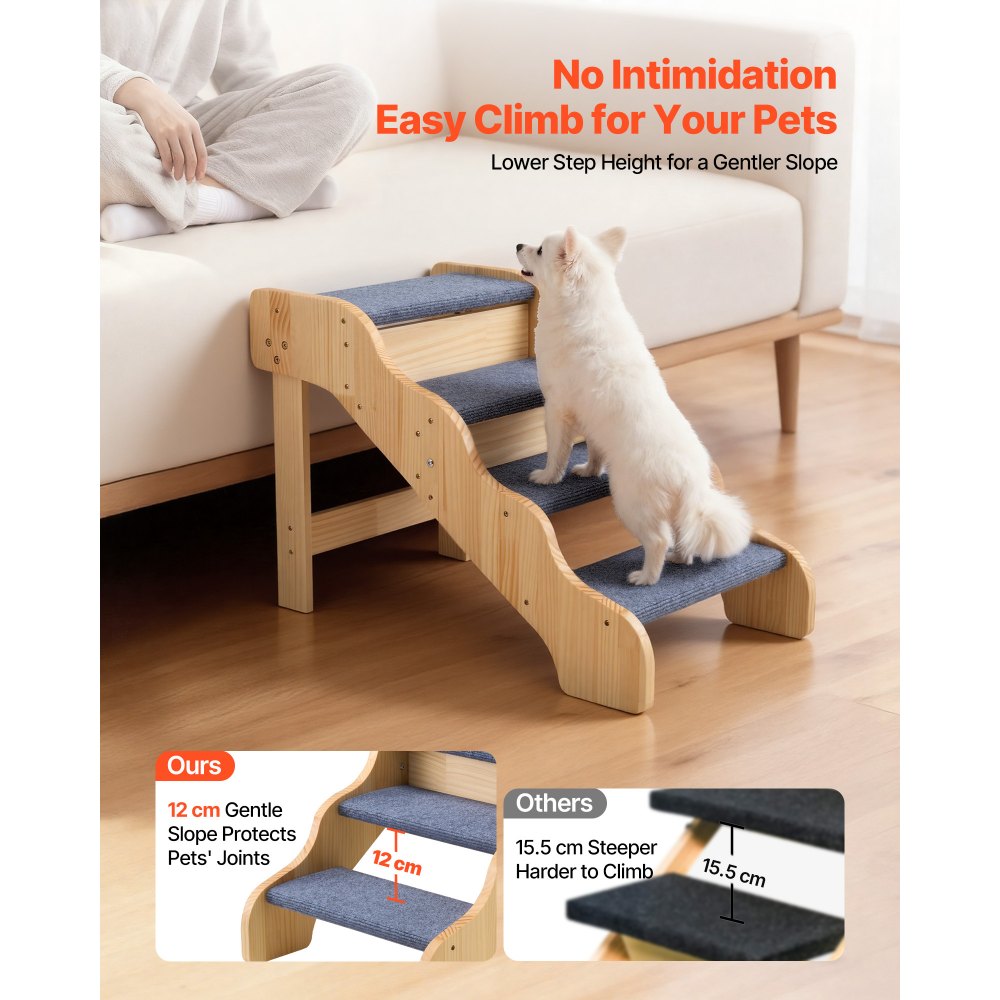 VEVOR Wood Pet Stairs, 4-Step Dog Stairs for High Beds, Sofa & Cars, 150lbs Load Capacity, Non-Slip Surface, Stable Cat & Dog Step Ladder for Small Medium Large Older Pet Puppy Essentials