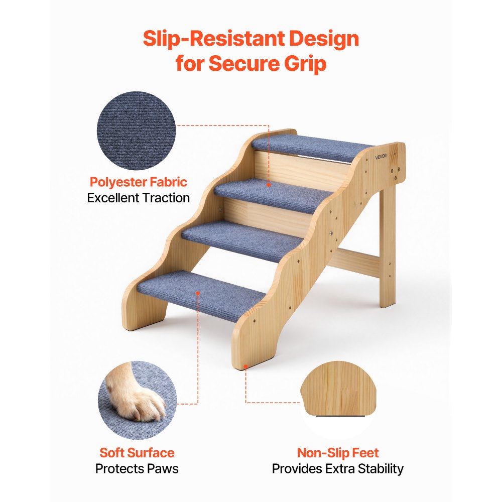 VEVOR Wood Pet Stairs, 4-Step Dog Stairs for High Beds, Sofa & Cars, 150lbs Load Capacity, Non-Slip Surface, Stable Cat & Dog Step Ladder for Small Medium Large Older Pet Puppy Essentials