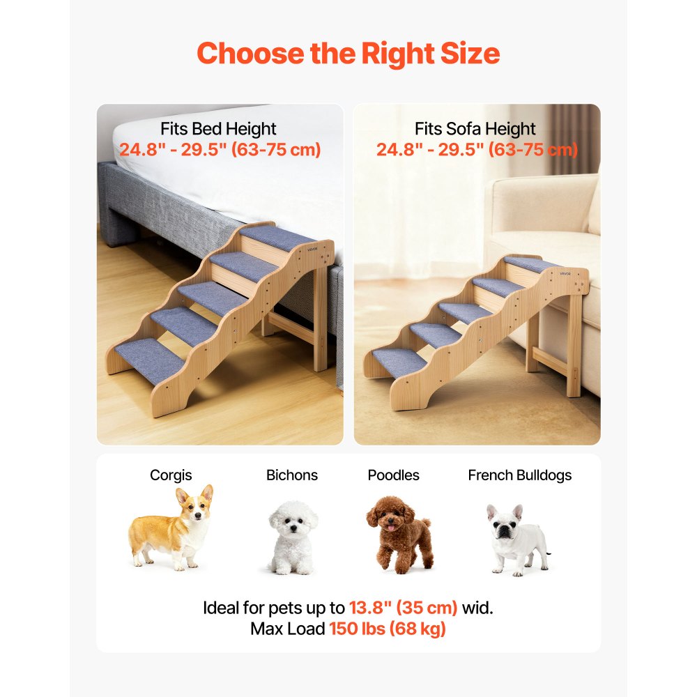 VEVOR Wood Pet Stairs, 5-Step Dog Stairs for High Beds, Sofa & Cars, 150lbs Load Capacity, Non-Slip Surface, Stable Cat & Dog Step Ladder for Small Medium Large Older Pet Puppy Essentials