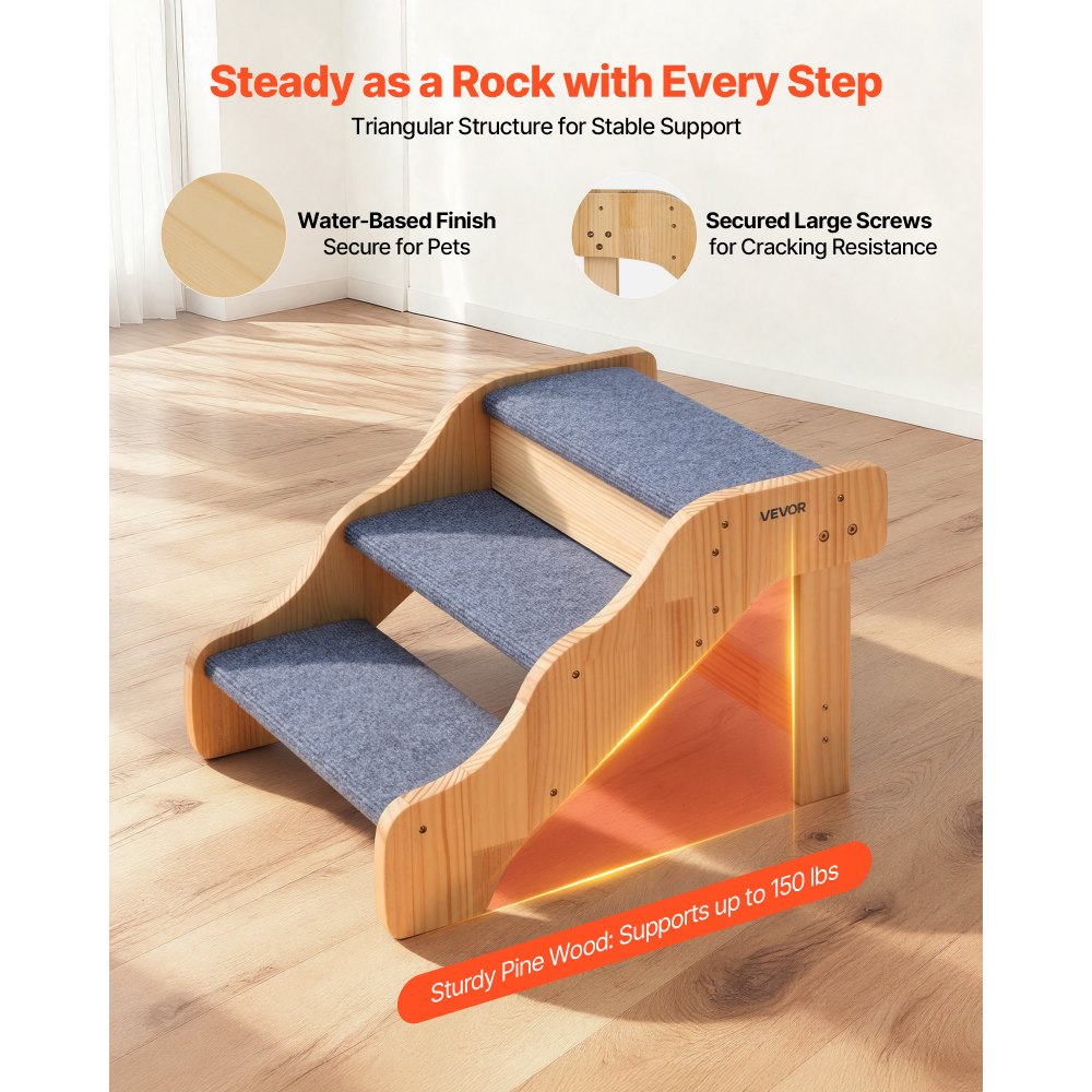 VEVOR Wood Pet Stairs, 3-Step Dog Stairs for High Beds, Sofa & Cars, 150lbs Load Capacity, Non-Slip Surface, Stable Cat & Dog Step Ladder for Small Medium Large Older Pet Puppy Essentials
