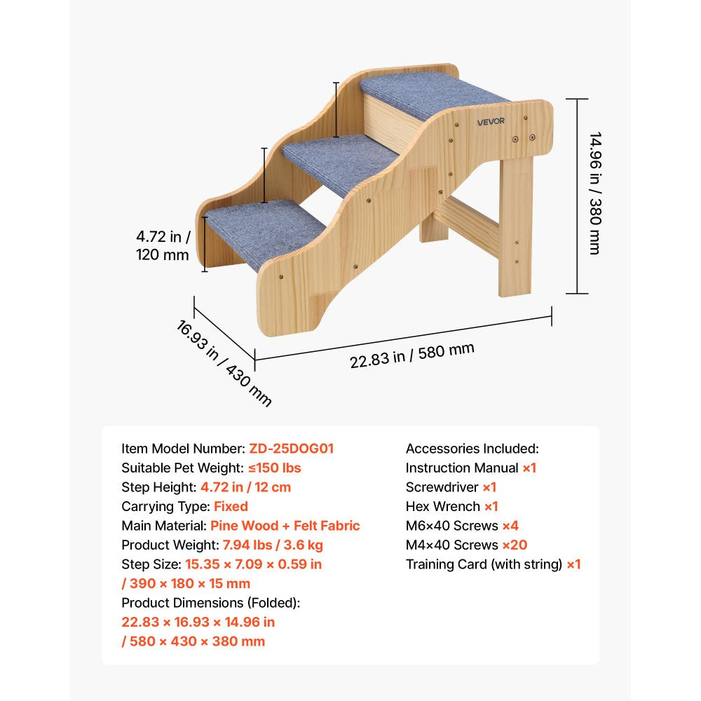 VEVOR Wood Pet Stairs, 3-Step Dog Stairs for High Beds, Sofa & Cars, 150lbs Load Capacity, Non-Slip Surface, Stable Cat & Dog Step Ladder for Small Medium Large Older Pet Puppy Essentials