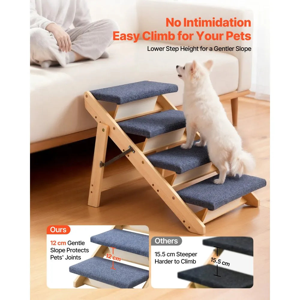VEVOR Wood Pet Stairs, 4-Step Dog Stairs for Beds, Sofa & Cars, 150lbs Load Capacity, Floded Flat Design, Stable & Sturdy Cat & Dog Step Ladder for Small Medium Large Older Pet Puppy Essentials