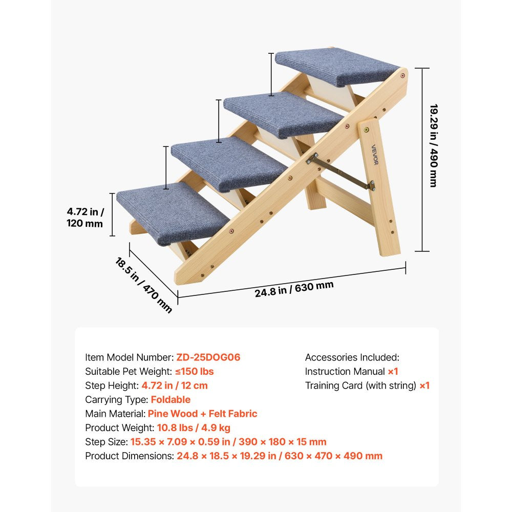 VEVOR Wood Pet Stairs, 4-Step Dog Stairs for Beds, Sofa & Cars, 150lbs Load Capacity, Floded Flat Design, Stable & Sturdy Cat & Dog Step Ladder for Small Medium Large Older Pet Puppy Essentials
