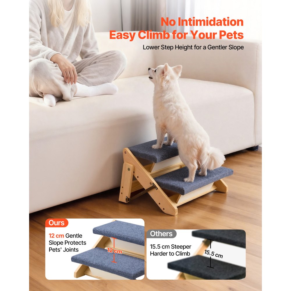 VEVOR Wood Pet Stairs, 2-Step Dog Stairs for Beds, Sofa & Cars, 110lbs Load Capacity, Floded Flat Design, Stable & Sturdy Cat & Dog Step Ladder for Small Medium Large Older Pet Puppy Essentials