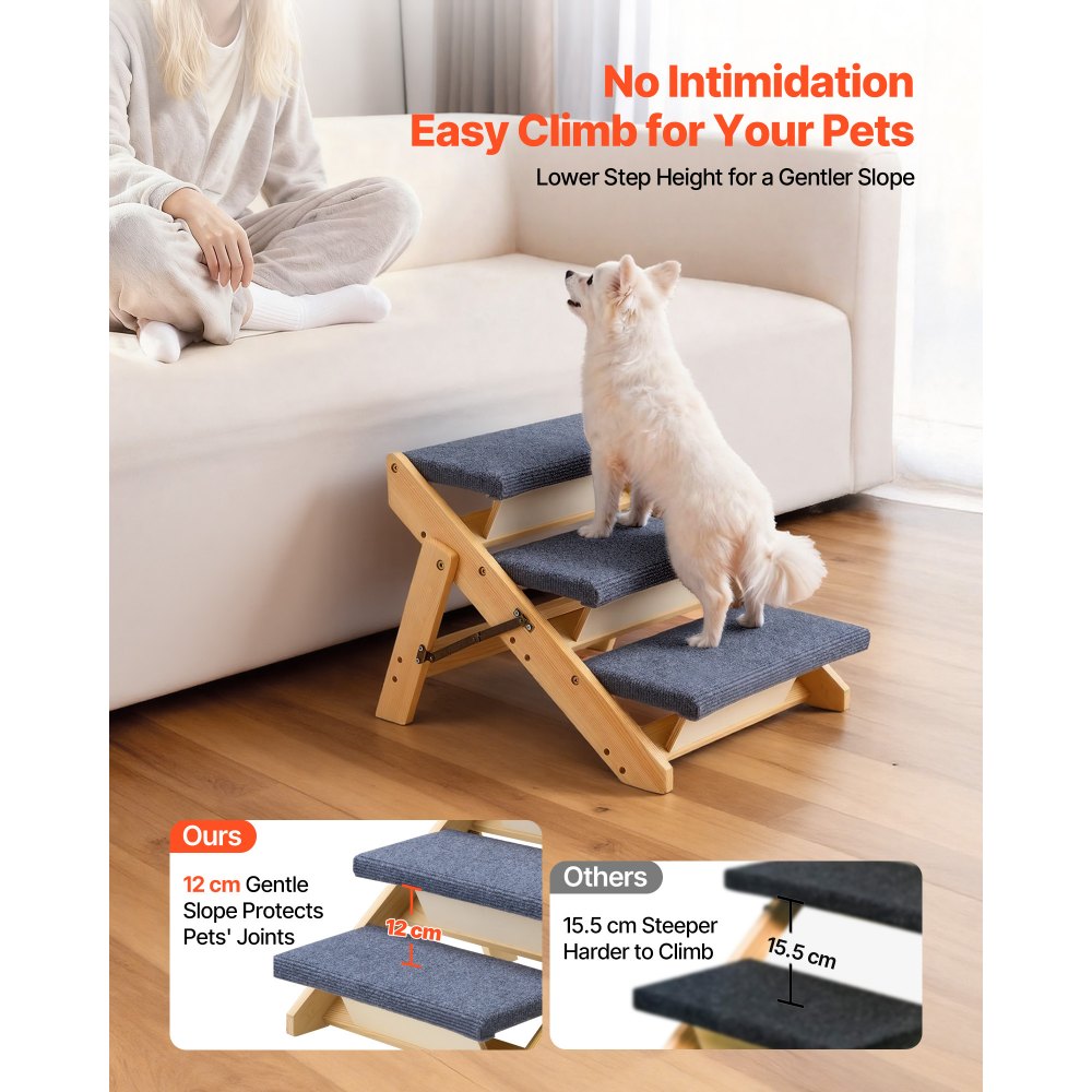VEVOR Wood Pet Stairs, 3-Step Dog Stairs for Beds, Sofa & Cars, 150lbs Load Capacity, Floded Flat Design, Stable & Sturdy Cat & Dog Step Ladder for Small Medium Large Older Pet Puppy Essentials