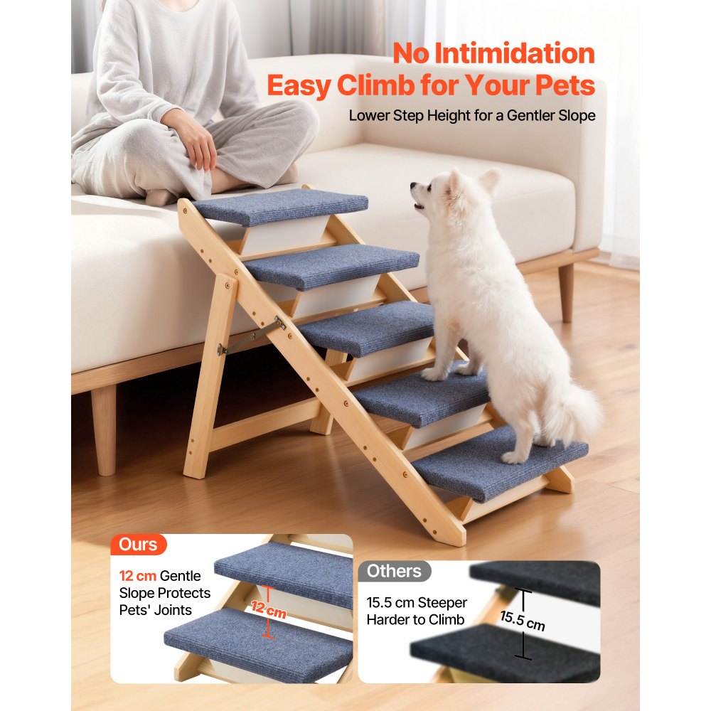 VEVOR Wood Pet Stairs, 5-Step Dog Stairs for Beds, Sofa & Cars, 150lbs Load Capacity, Floded Flat Design, Stable & Sturdy Cat & Dog Step Ladder for Small Medium Large Older Pet Puppy Essentials