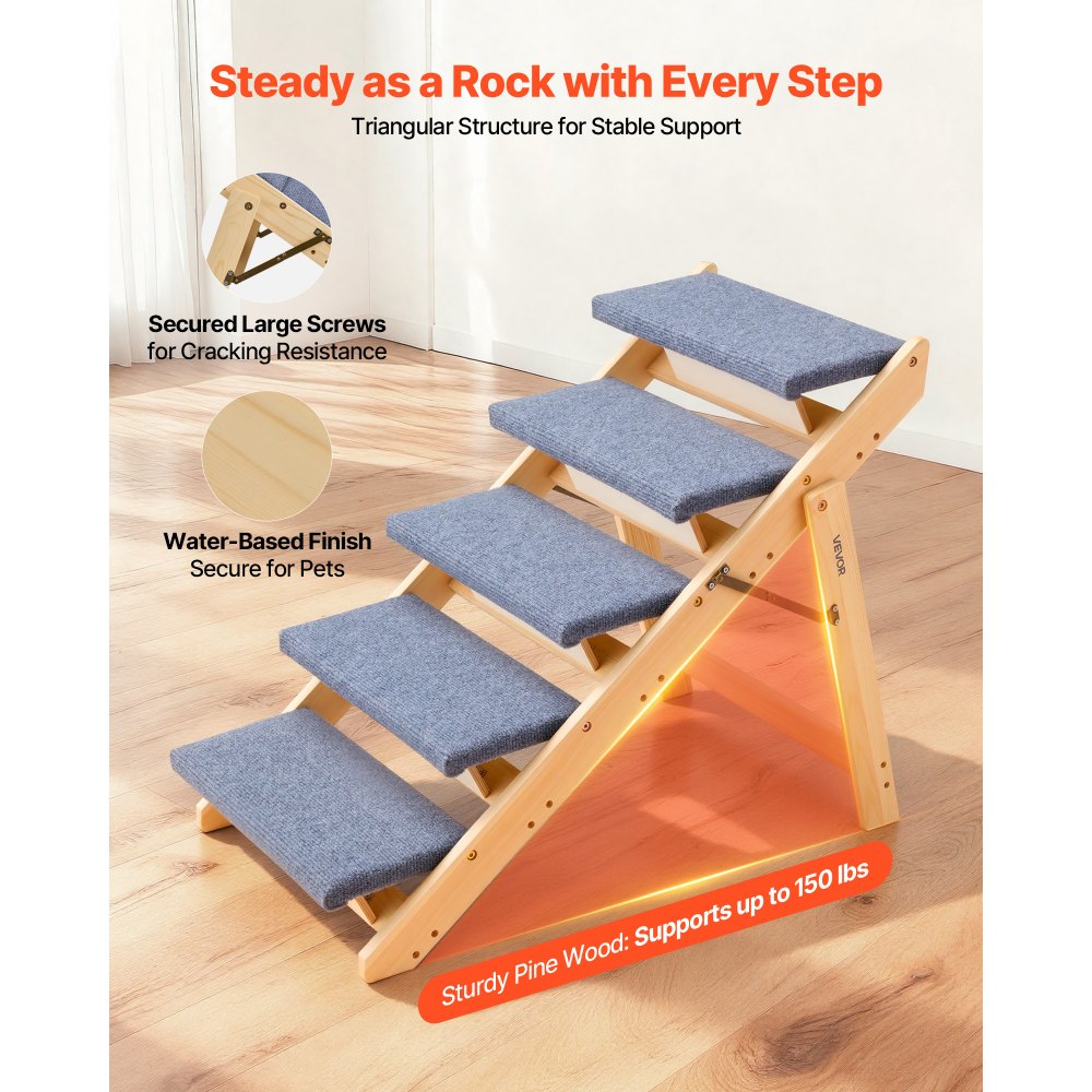 VEVOR Wood Pet Stairs, 5-Step Dog Stairs for Beds, Sofa & Cars, 150lbs Load Capacity, Floded Flat Design, Stable & Sturdy Cat & Dog Step Ladder for Small Medium Large Older Pet Puppy Essentials