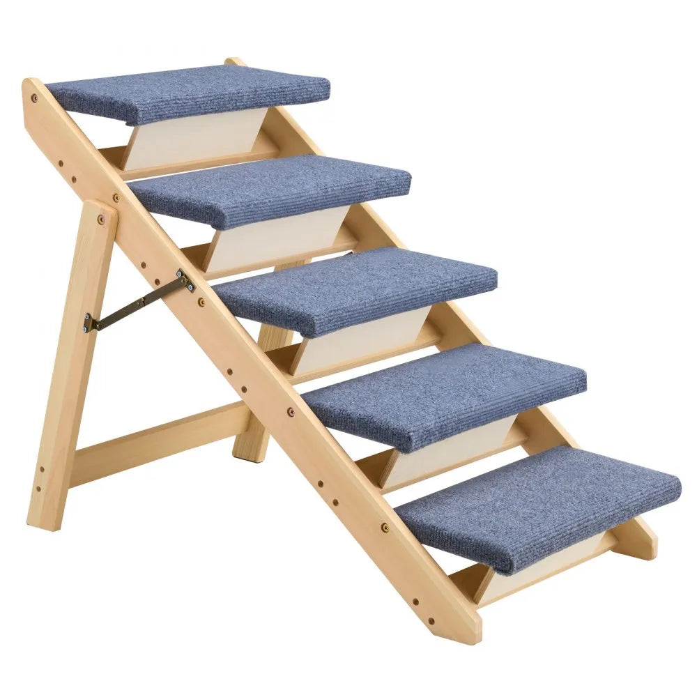 VEVOR Wood Pet Stairs, 5-Step Dog Stairs for Beds, Sofa & Cars, 150lbs Load Capacity, Floded Flat Design, Stable & Sturdy Cat & Dog Step Ladder for Small Medium Large Older Pet Puppy Essentials