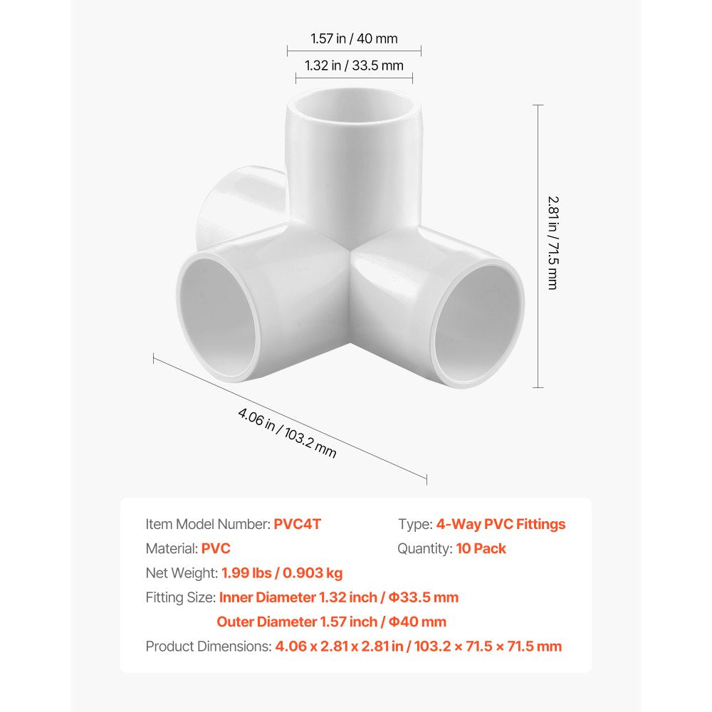 VEVOR 4-Way PVC Fittings, 1-inch PVC Pipe Joints Elbow Connector, 10-Pack Furniture Grade Pipe Corner Connectors for DIY Storage Rack, Animal Cage, Garden Support Frame, Impact & Weather-Resistant