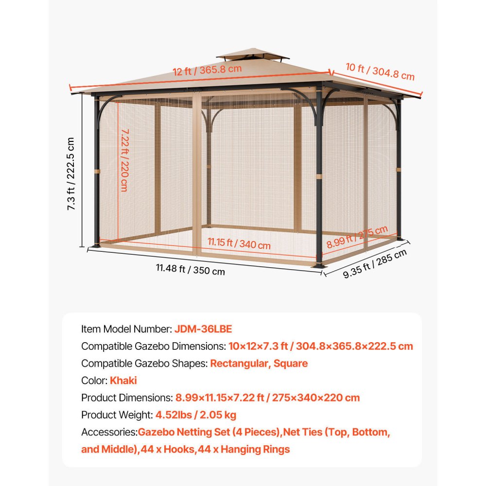 VEVOR Gazebo Netting Replacement, Fit Most 10 x 12 x 7.3 FT Gazebo, Outdoor Garden Gazebo Net, 4-Panel Sidewall Mesh Gazebo Curtain, Patio Midge Netting with Double Zipper, Canopy Screen (Netting Only)
