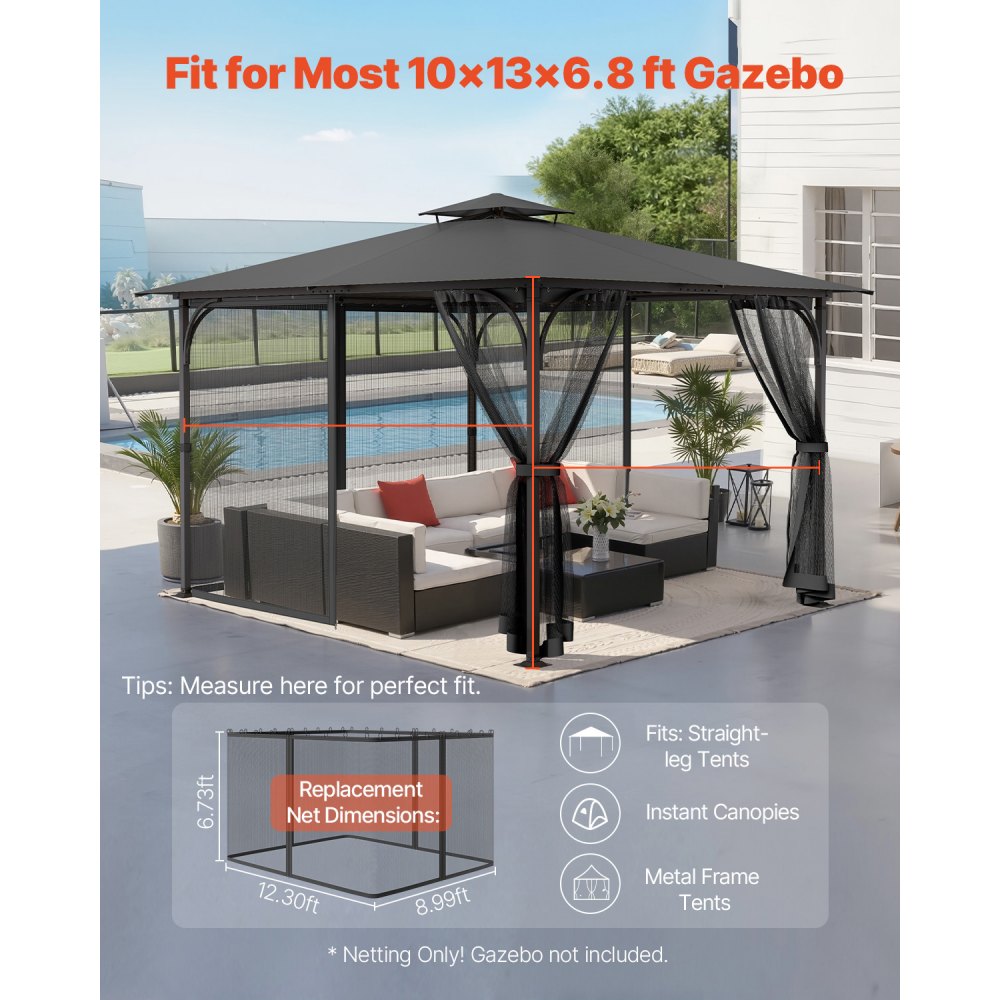 VEVOR Gazebo Netting Replacement, Fit Most 10 x 13 x 6.8 FT Gazebo Curtain, Outdoor Garden Net, 4-Panel Sidewall Mesh Net, Patio Midge Netting with Double Zipper, Canopy Screen (Netting Only)