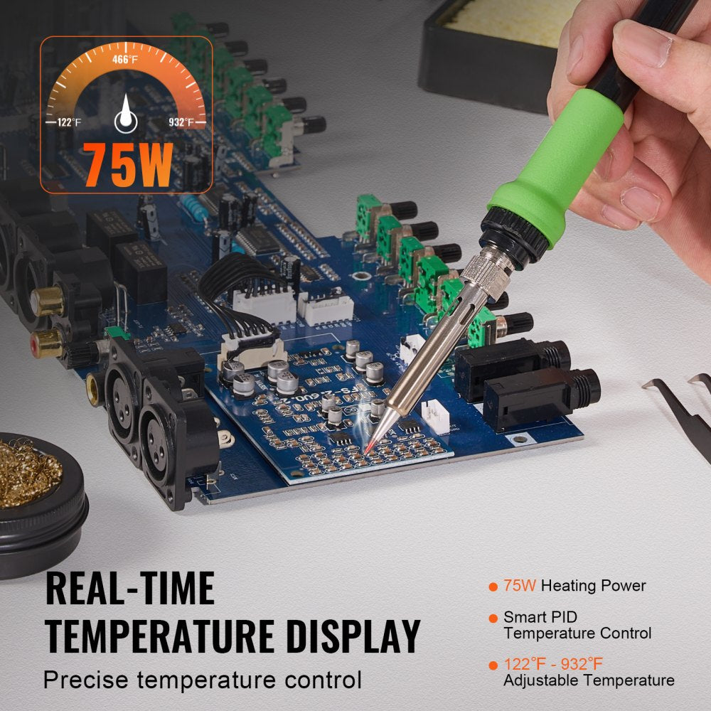 VEVOR Soldering Iron Station, 75W Digital Display Soldering Station Kit, 122°F- 932°F Temp Control & Built-in Transformer, Auto Standby & Sleep Mode, with 5 Soldering Tips, 10g Solder Wire, Tweezers