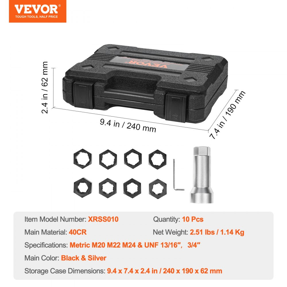 VEVOR 10-Piece Axle Spindle Thread Chaser Set, Metric M20 M22 M24 and UNF 13/16" 3/4" Thread Restorer Tool, Rethreading Tool Kit with Extension Bar, Hex Wrench, Storage Case, for Damaged Axle Spindles