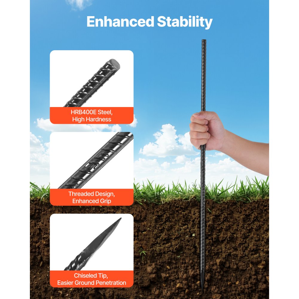 VEVOR Rebar Stakes, 24-Inch, Heavy-Duty 0.47 in Diameter, Straight Galvanized Steel Ground Anchors with Chisel Point End & Rust-Resistant Coating, for Gardening Support, Fence, Camping Tents (20-Pack)