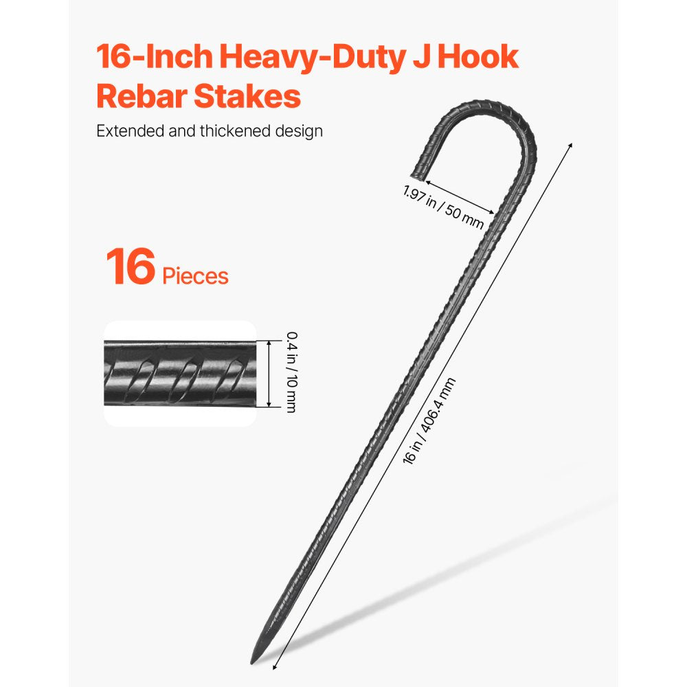VEVOR Rebar Stakes, 16-Inch, Heavy-Duty 0.4 in Diameter J Hook, Galvanized Steel Ground Anchors with Chisel Point End & Rust-Resistant Coating, for Gardening Support, Fence, Camping Tents (16-Pack)
