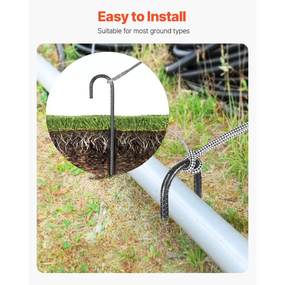 VEVOR Rebar Stakes, 16-Inch, Heavy-Duty 0.4 in Diameter J Hook, Galvanized Steel Ground Anchors with Chisel Point End & Rust-Resistant Coating, for Gardening Support, Fence, Camping Tents (16-Pack)