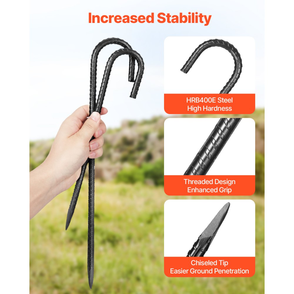 VEVOR Rebar Stakes, 16-Inch, Heavy-Duty 0.4 in Diameter J Hook, Galvanized Steel Ground Anchors with Chisel Point End & Rust-Resistant Coating, for Gardening Support, Fence, Camping Tents (24-Pack)