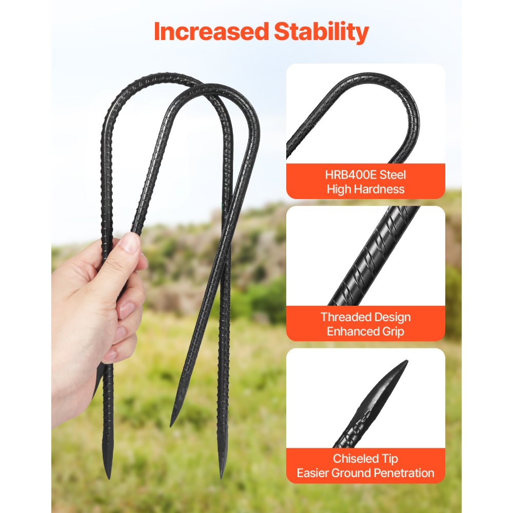 VEVOR Rebar Stakes, 10-Inch, Heavy-Duty 0.32 in Diameter U Shape, Galvanized Steel Ground Anchors with Chisel Point End & Rust-Resistant Coating, for Gardening Support, Fence, Camping Tents (12-Pack)