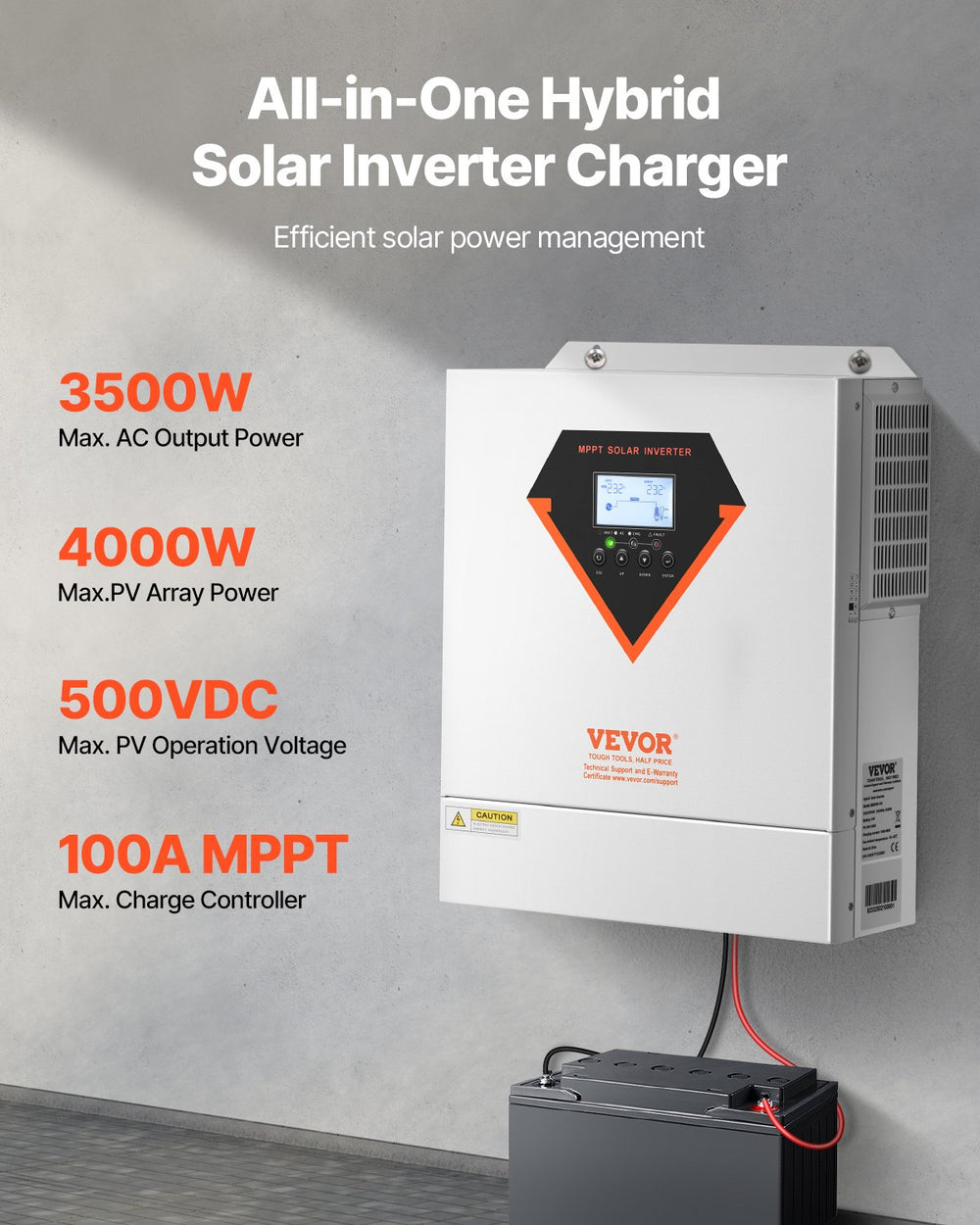 All-in-one hybrid solar inverter charger overview - 3500W, 4000W PV, 500VDC, 100A MPPT