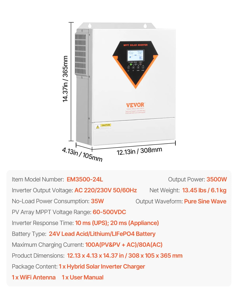 Product dimensions and key specs for EM3500-24L hybrid solar inverter