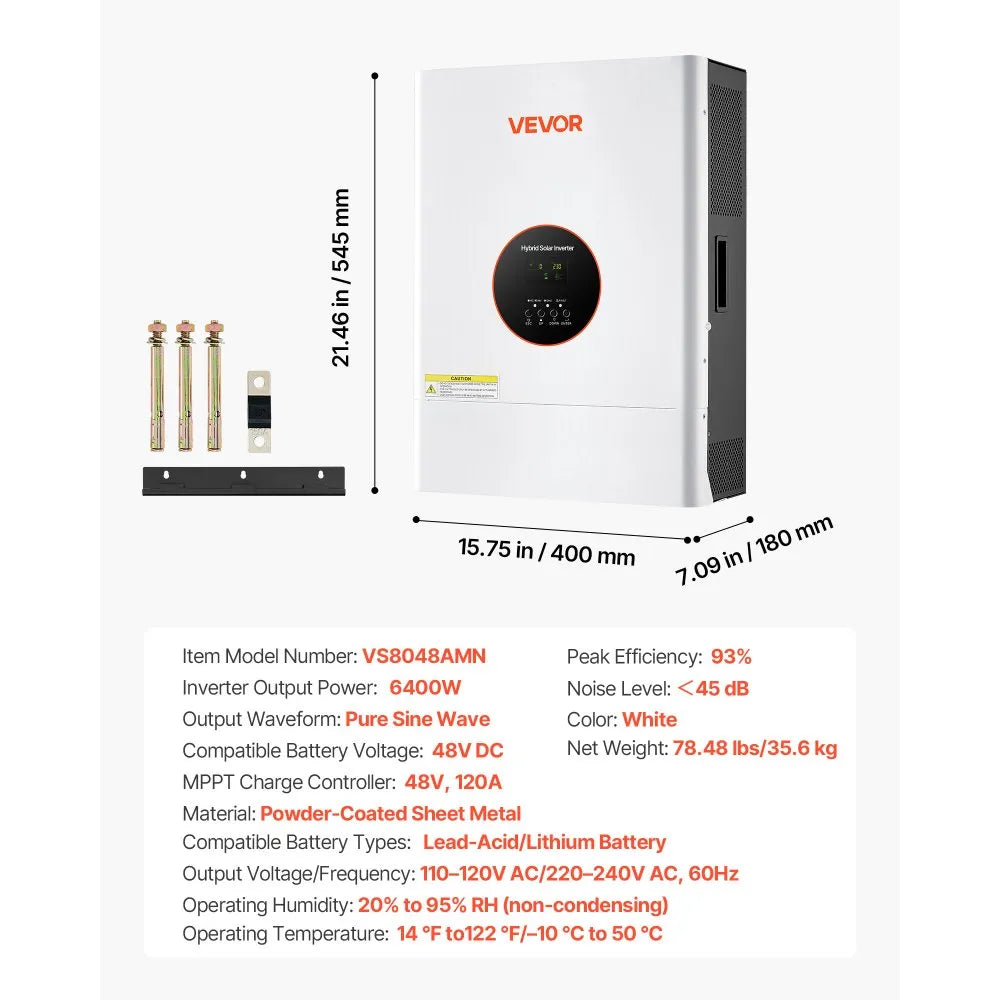 VEVOR 6400W 48V Hybrid Solar Inverter, 120V/240V Split Phase, Built-in 120A MPPT Solar Controller, Low Frequency Pure Sine Wave Power Inverter, for Lead Acid Lithium Battery Off-Grid Systems