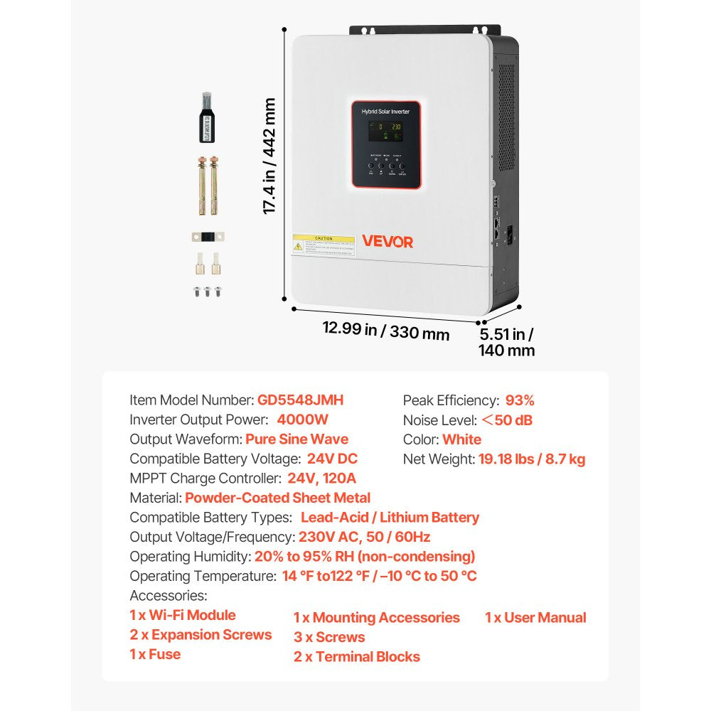 VEVOR 4000W Single-Phase Hybrid Solar Inverter, 24V DC to 230V AC, Pure Sine Wave Power Inverter with Built-in 120A MPPT Solar Controller, WiFi Module, for Lead Acid/Lithium Battery Off-Grid