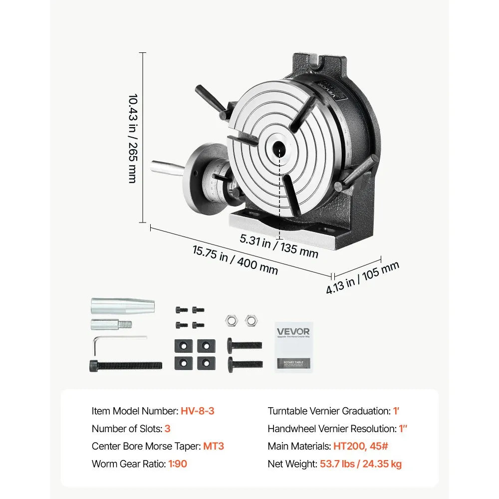 VEVOR Horizontal Vertical Rotary Table 8 in Precision Milling Rotary Table, with T-Slot & Graduated Scale, Worm Gear Adjustment, Cast Iron, Precision Indexing, for Milling Machines & Drill Presses