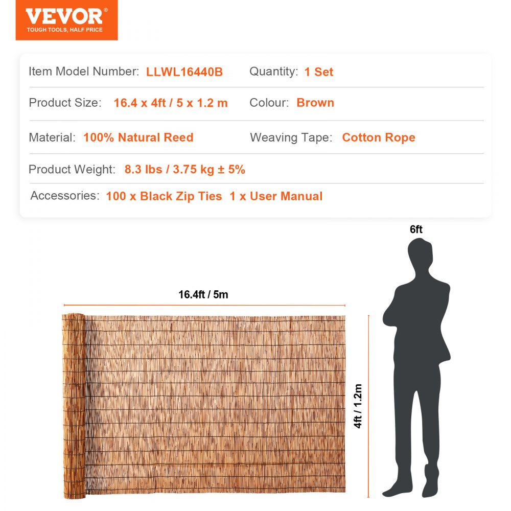 VEVOR Natural Reed Fencing, 4 ft x 16.4 ft, Reed Screen Curtain Balcony Reed Fence Roll for Outdoor Backyard Patio, Decorative Fence for Backyard Garden Fencing Divider, Privacy Screen Panel, Brown