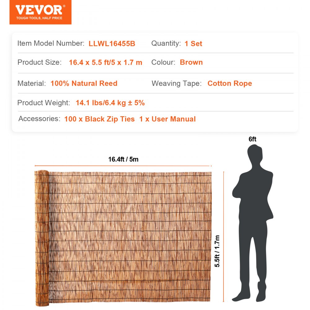 VEVOR Natural Reed Fencing, 5.5 ft x 16.4 ft, Reed Screen Curtain Balcony Reed Fence Roll for Outdoor Backyard Patio, Decorative Fence for Backyard Garden Fencing Divider, Privacy Screen Panel, Brown
