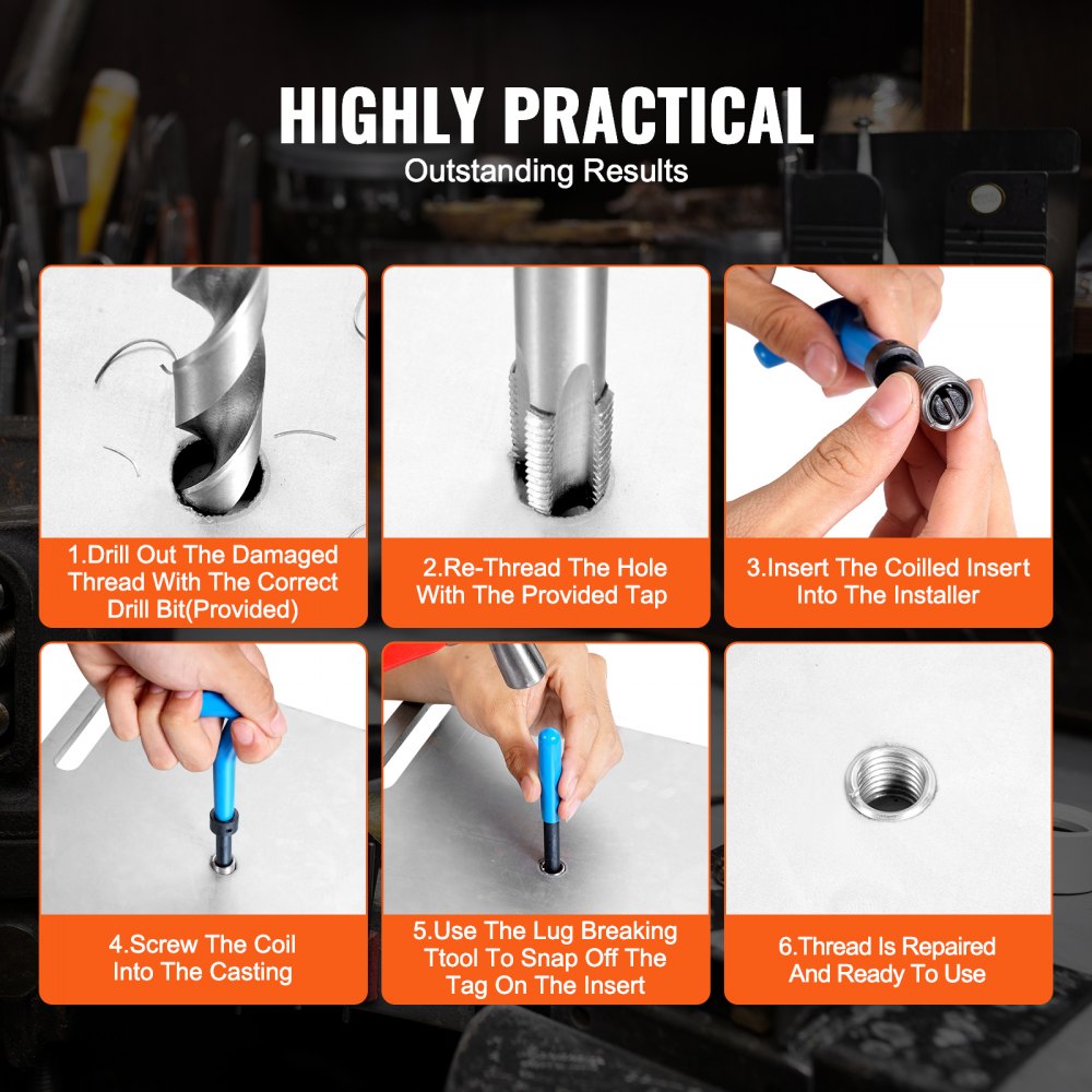 VEVOR Helicoil Thread Repair Kit, 131-Piece SAE HSS Drill Helicoil Repair Kit, 1/4" 5/16" 3/8" 7/16" 1/2"UNC Rethreading Tool Kit with Drill Bits Thread Inserts Taps Breakoff Installation Tools