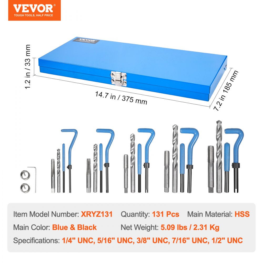 VEVOR Helicoil Thread Repair Kit, 131-Piece SAE HSS Drill Helicoil Repair Kit, 1/4" 5/16" 3/8" 7/16" 1/2"UNC Rethreading Tool Kit with Drill Bits Thread Inserts Taps Breakoff Installation Tools