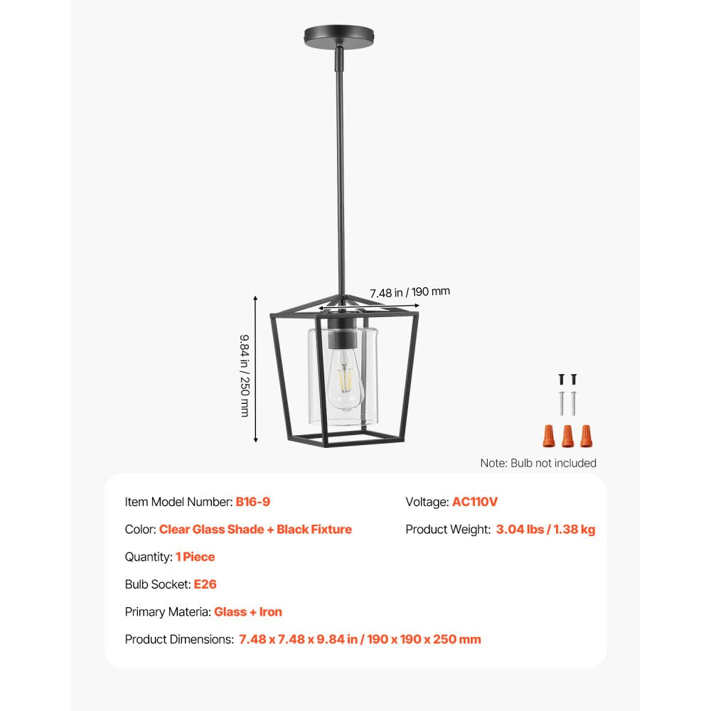 VEVOR 1-Light Black Pendant Light, 1 Pack, Farmhouse Iron Cage Metal Pendant Lighting with Clear Glass Shade, Adjustable Height Hanging Ceiling Lighting for Bedroom, Hallway, Entryway, Kitchen