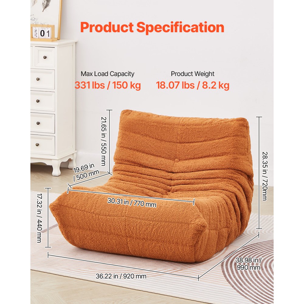 VEVOR Bean Bag Chair, L-Shaped Bean Bag Chair with Soft Armrests and Storage Pocket, 25D Memory Foam Filled with Soft Teddy Velvet Cover, Bean Bag for Bedroom or Playroom, Brown