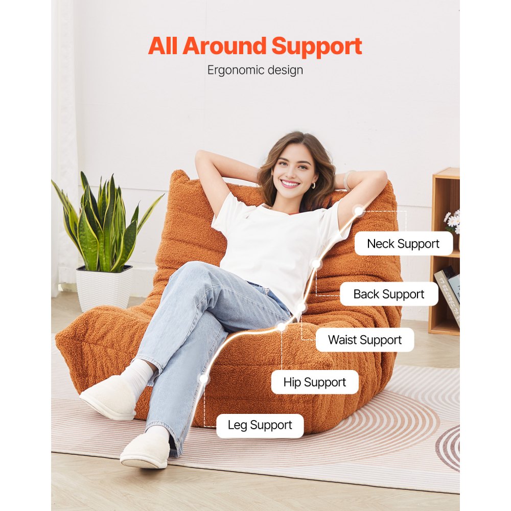 VEVOR Bean Bag Chair, L-Shaped Bean Bag Chair with Soft Armrests and Storage Pocket, 25D Memory Foam Filled with Soft Teddy Velvet Cover, Bean Bag for Bedroom or Playroom, Brown