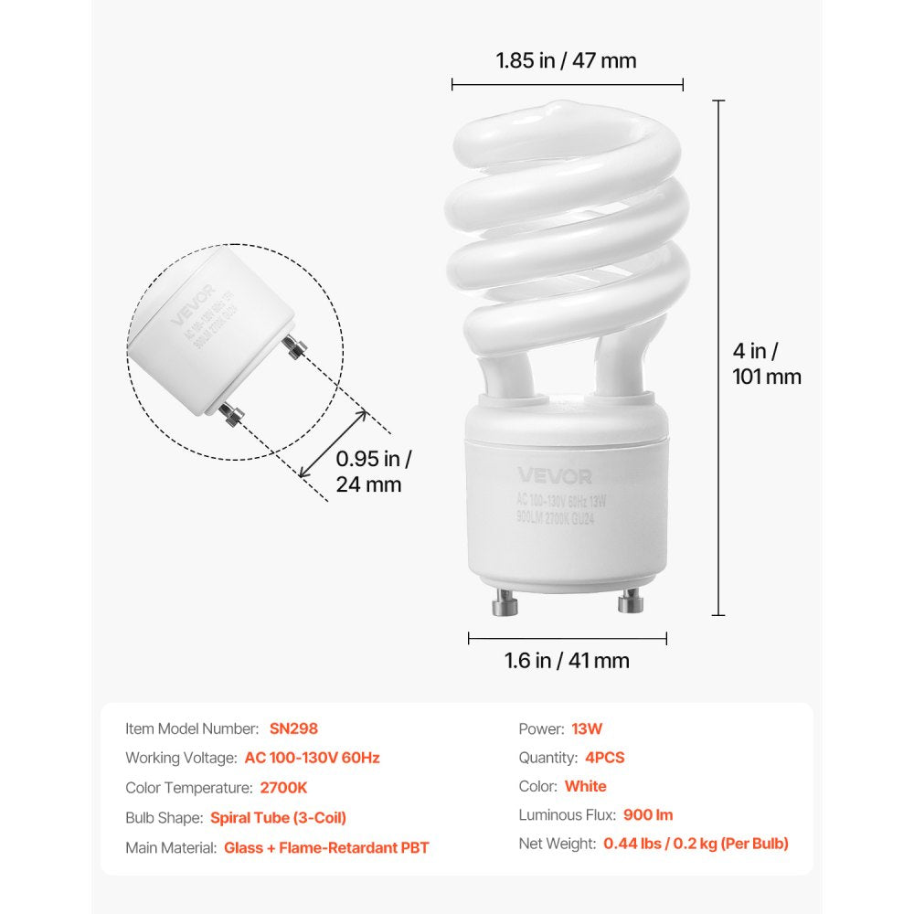 VEVOR 4-Pack CFL Light Bulbs, 13W Compact Fluorescent Spiral Bulbs with 2700K Warm Light, 900lm Luminous Flux, Twist and Lock GU24 Base, Ideal for Bedrooms, Study Rooms, Living Rooms, Commercial Use