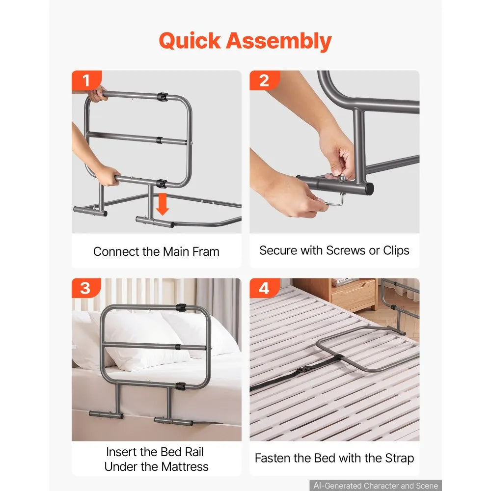 VEVOR Bed Rails for Elderly Adults 200LBS Capacity Bed Side Assist Rail, High-Strength Steel, L-Shaped Bedside Cane for Seniors, Adjustable Handle Length, Fits King Queen Full Twin Beds
