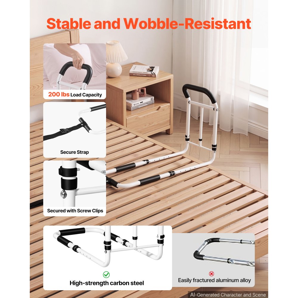 VEVOR Bed Rail for Elderly Adults 200LBS Loading Bed Side Assist Rail, High-Strength Steel Bedside Cane for Seniors, with Adjustable Height & Base Length, Non-Slip Handle, Fit King Queen Full Twin Bed