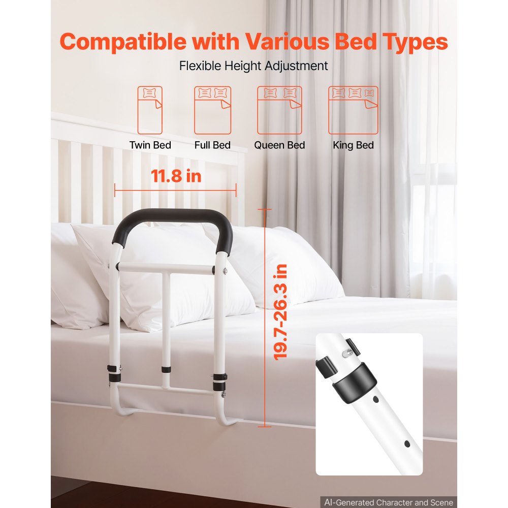 VEVOR Bed Rail for Elderly Adults 200LBS Loading Bed Side Assist Rail, High-Strength Steel Bedside Cane for Seniors, with Adjustable Height & Base Length, Non-Slip Handle, Fit King Queen Full Twin Bed