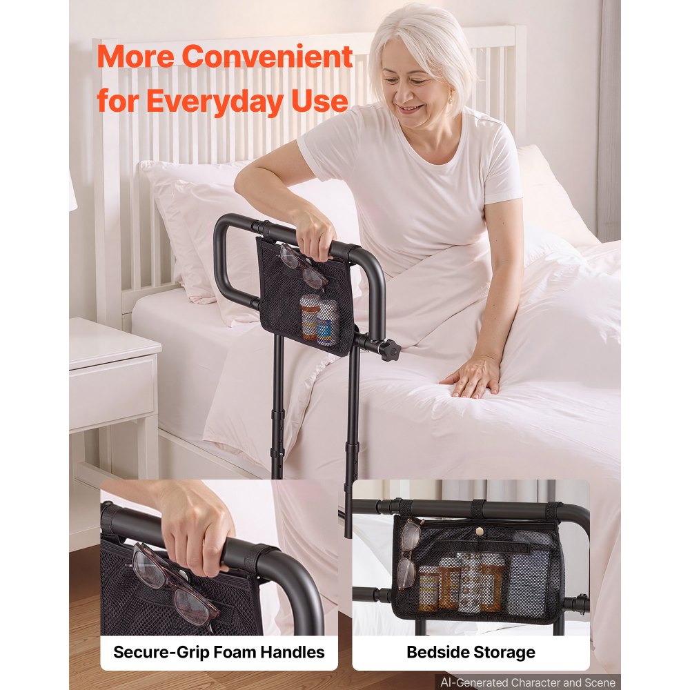 VEVOR Bed Rails for Elderly Adults Folding Bed Side Assist Rail for Seniors, Length & Height Adjustable, High-Strength Steel Bed Cane with Storage Pocket, Fits King Queen Full Twin Bed, 300LBS Support