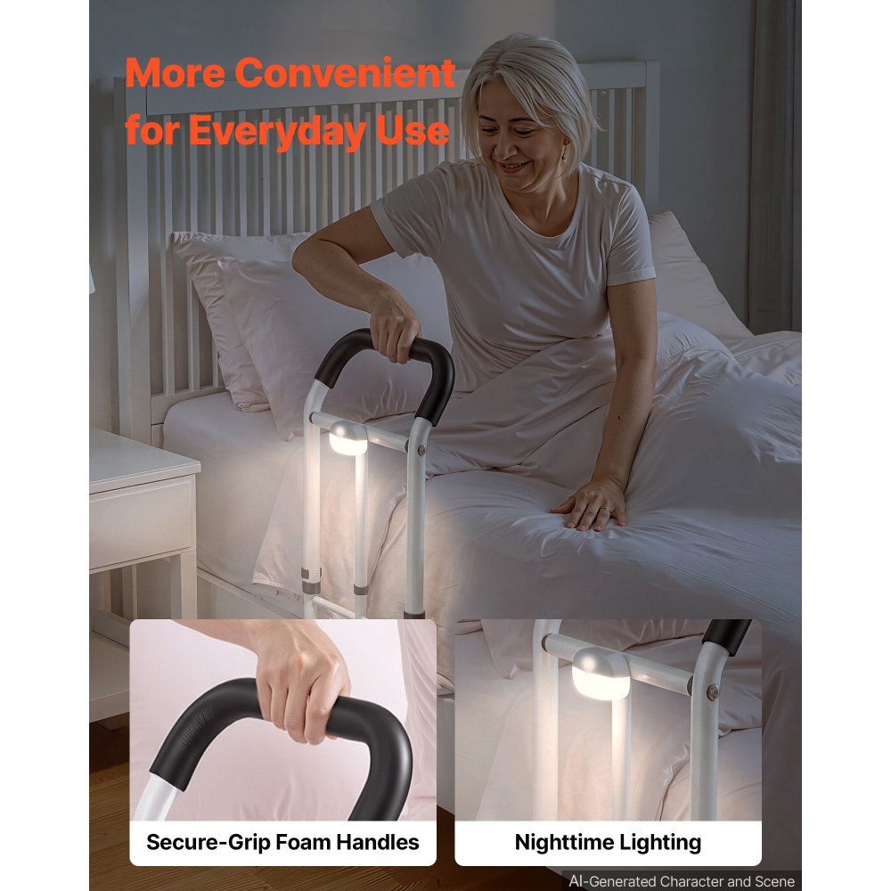 VEVOR Bed Rails for Elderly Adults 200LBS Loading Bed Side Assist Rail, with Motion Sensor LED Light, Adjustable Height & Length, Non-Slip Handle, High-Strength Steel, Fit King Queen Full Twin Bed